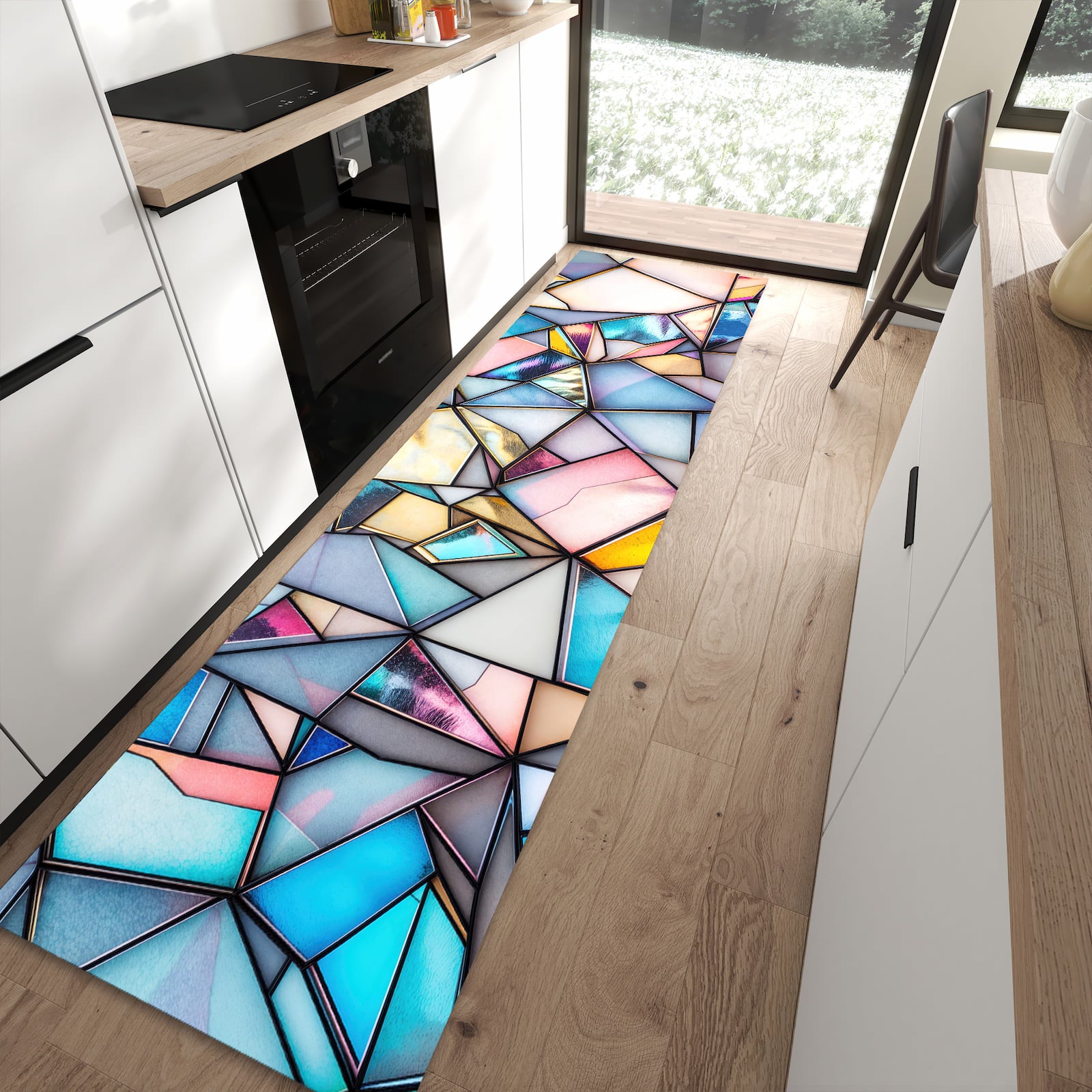 Ordnungsschaffender Küchenläufer mit Motiv Buntes Glasmosaik in moderner Küche