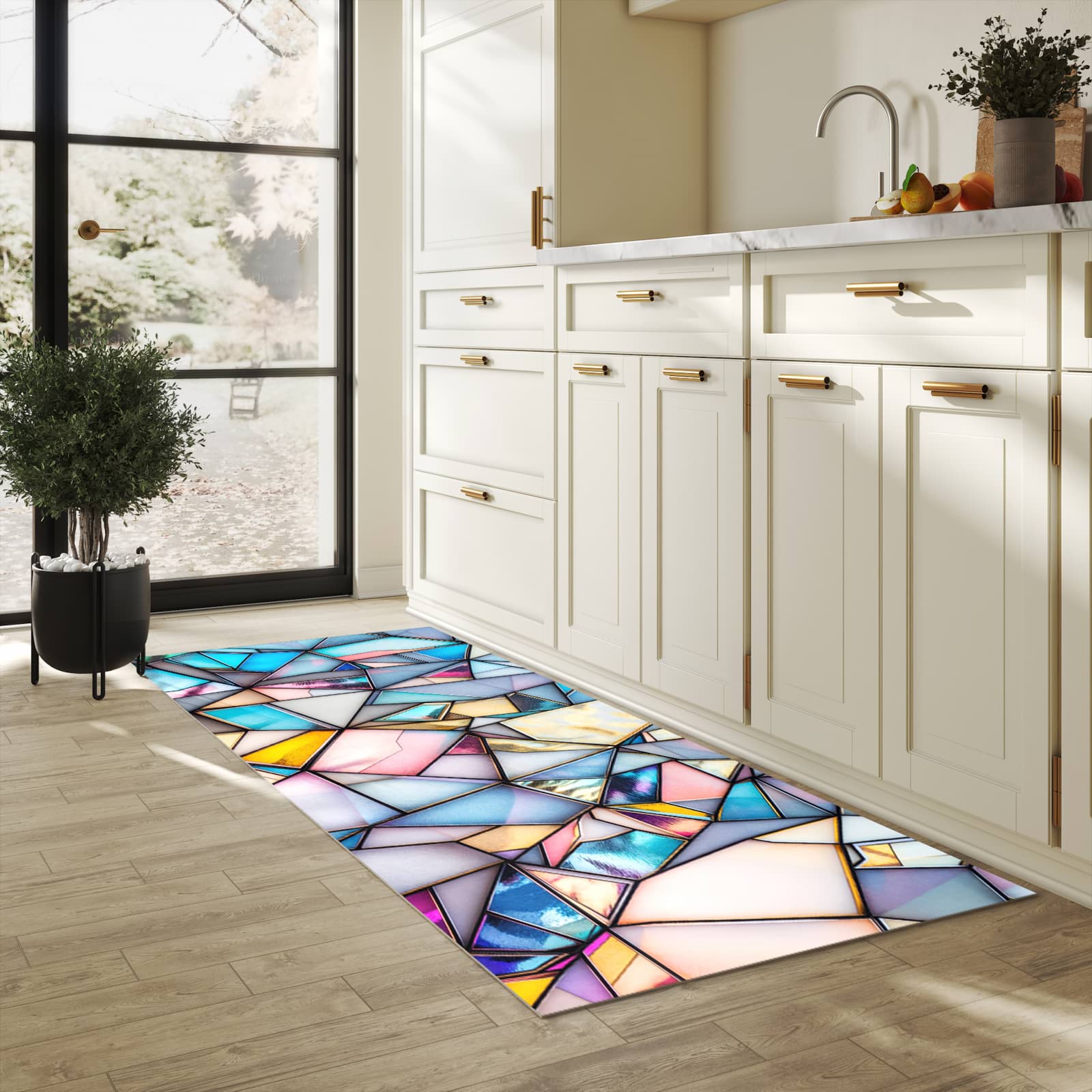 Strapazierfähiger Teppich für Esstisch mit Motiv Buntes Glasmosaik in heller Küche