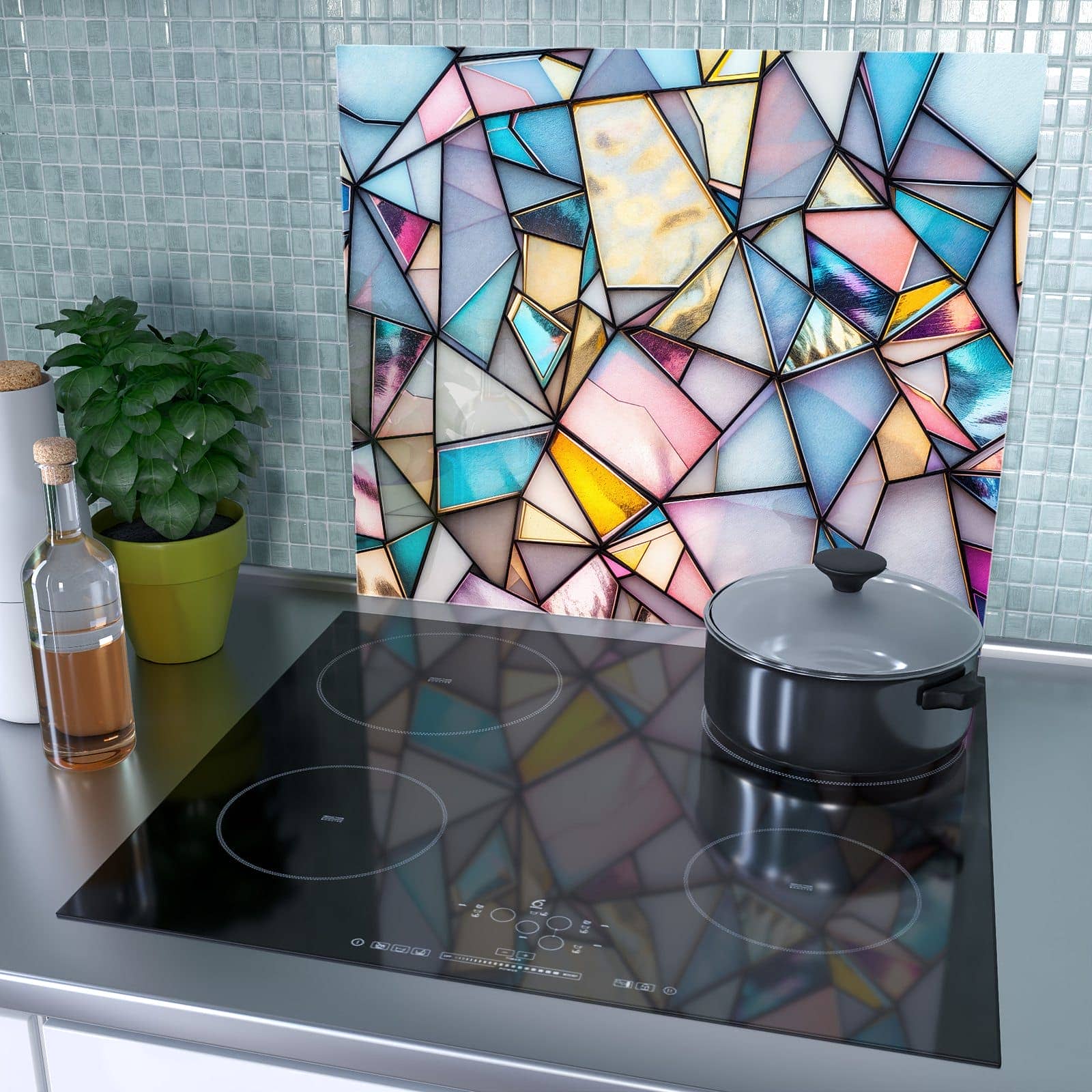1-teilige Herdabdeckplatte mit Buntes Glasmosaik-Motiv als Spritzschutz hinter dem Kochfeld