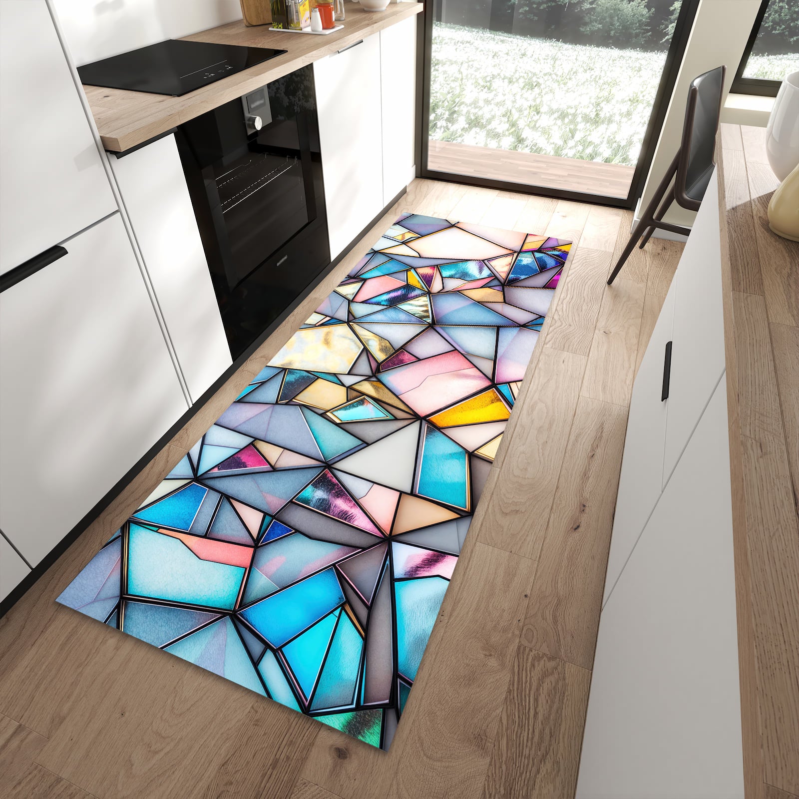 Farbbeständiger Küchenläufer mit Motiv Buntes Glasmosaik in moderner Küche zum Waschen