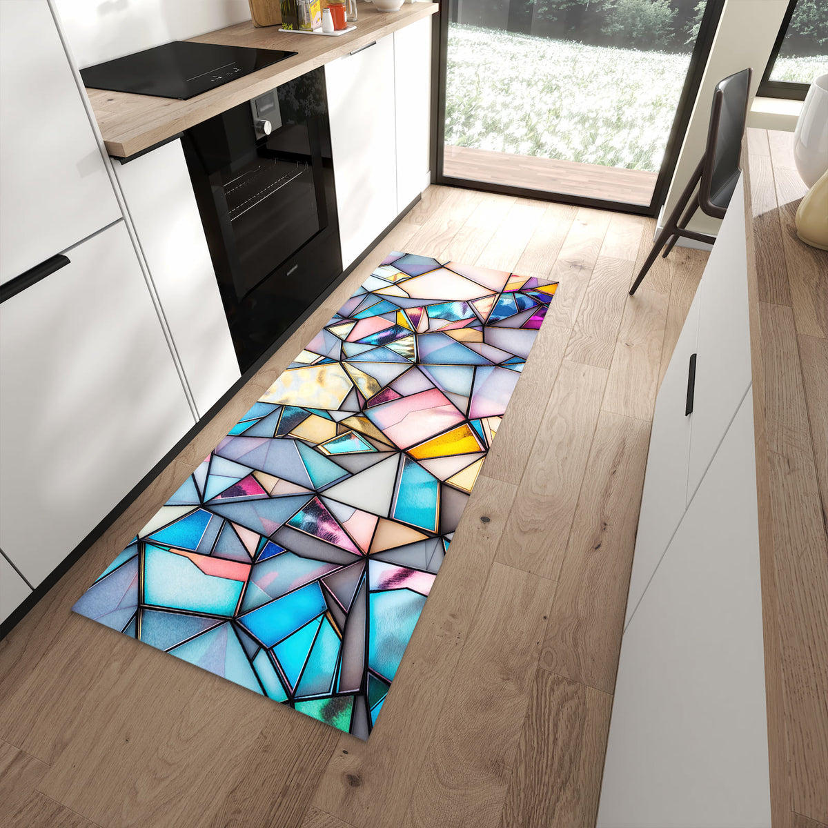 Rutschfester Küchenläufer mit Motiv Buntes Glasmosaik in moderner Küche