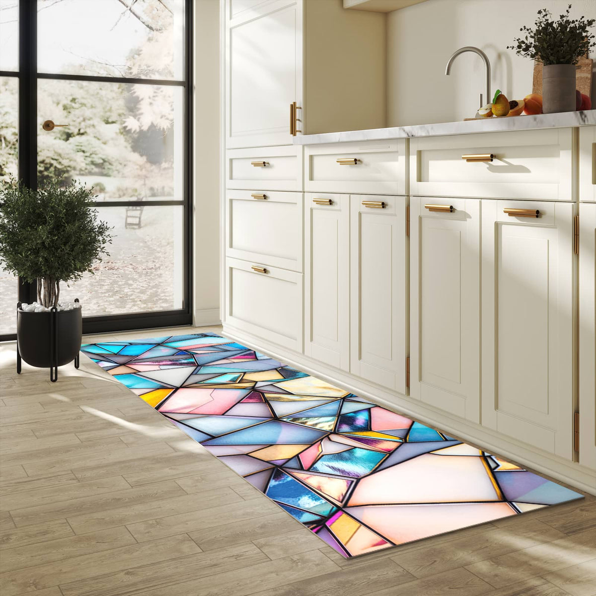 Rutschfester Küchenteppich mit Motiv Buntes Glasmosaik in heller Küche, einfach zu reinigen