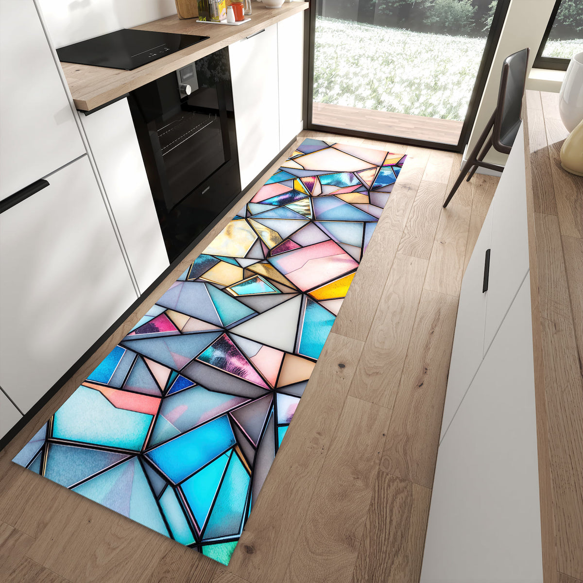 Bodenschonender rutschfester Küchenläufer mit Motiv Buntes Glasmosaik in moderner Küche