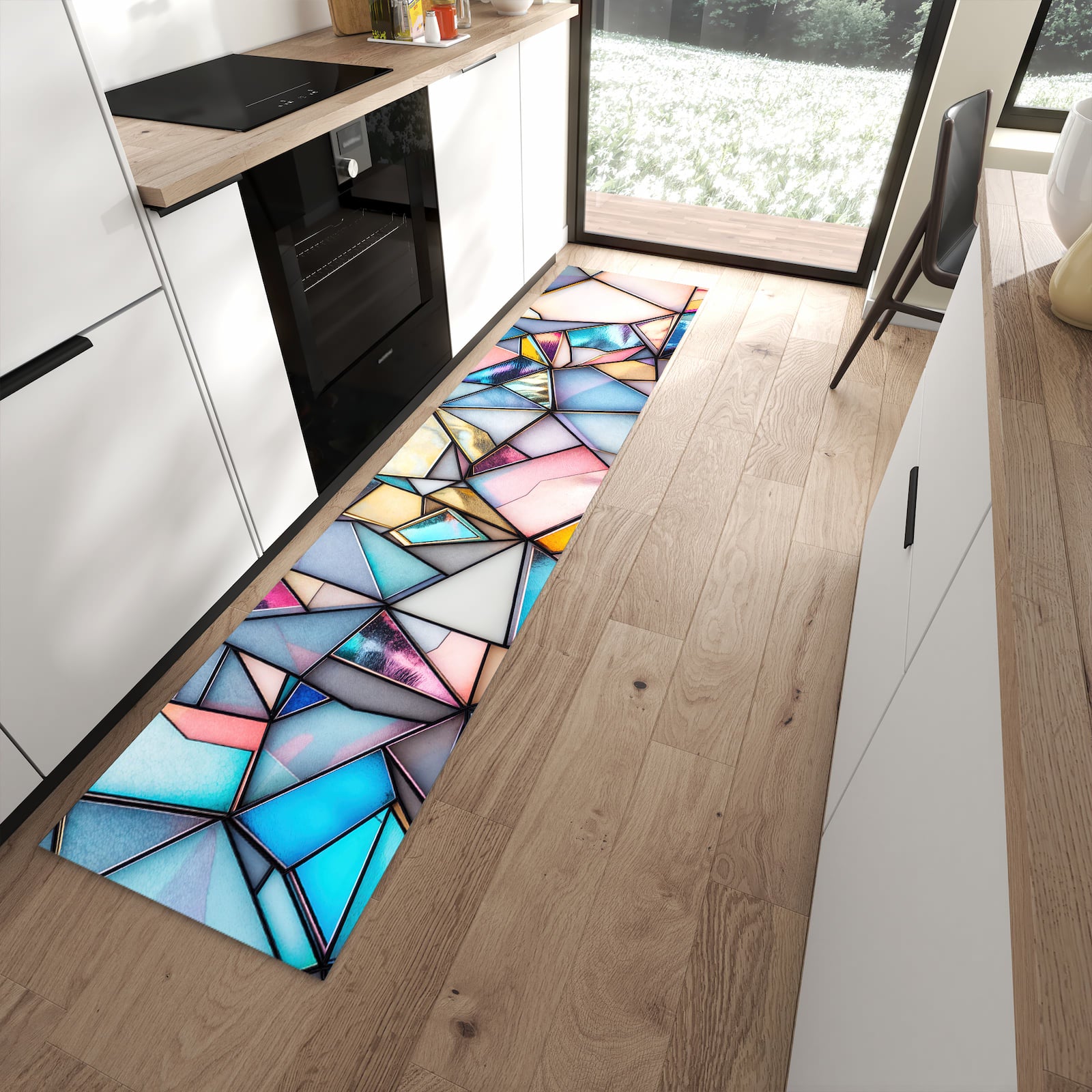 Strapazierfähiger Küchenläufer mit Motiv Buntes Glasmosaik in moderner Küche