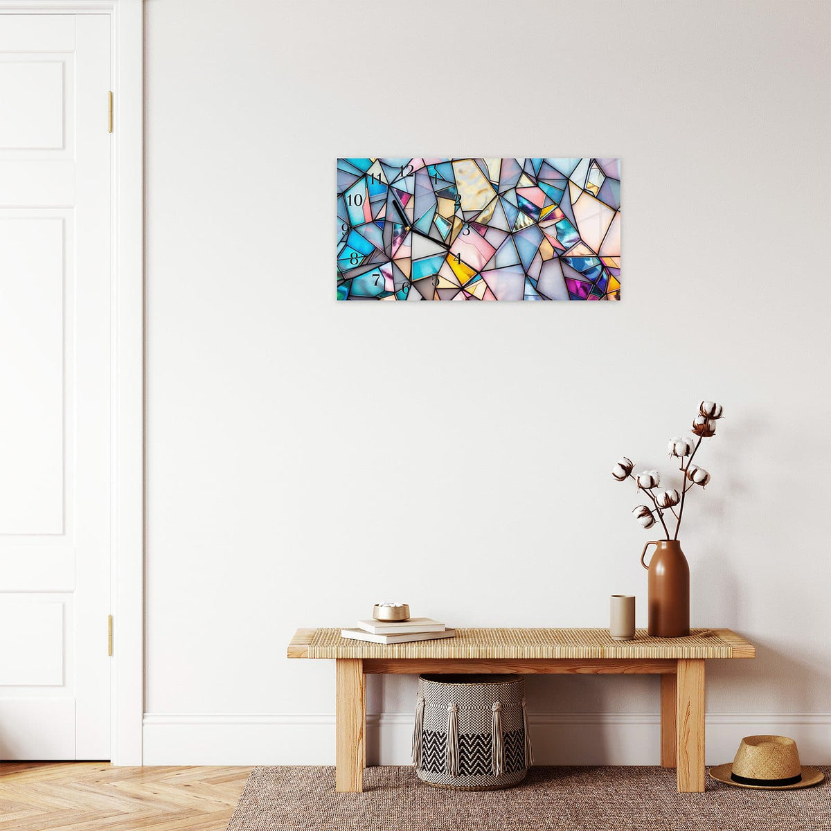 Moderne Wanduhr aus Glas mit Farbtiefe – Wanduhr Buntes Glasmosaik aus Glas – Querformat 60 × 30 cm