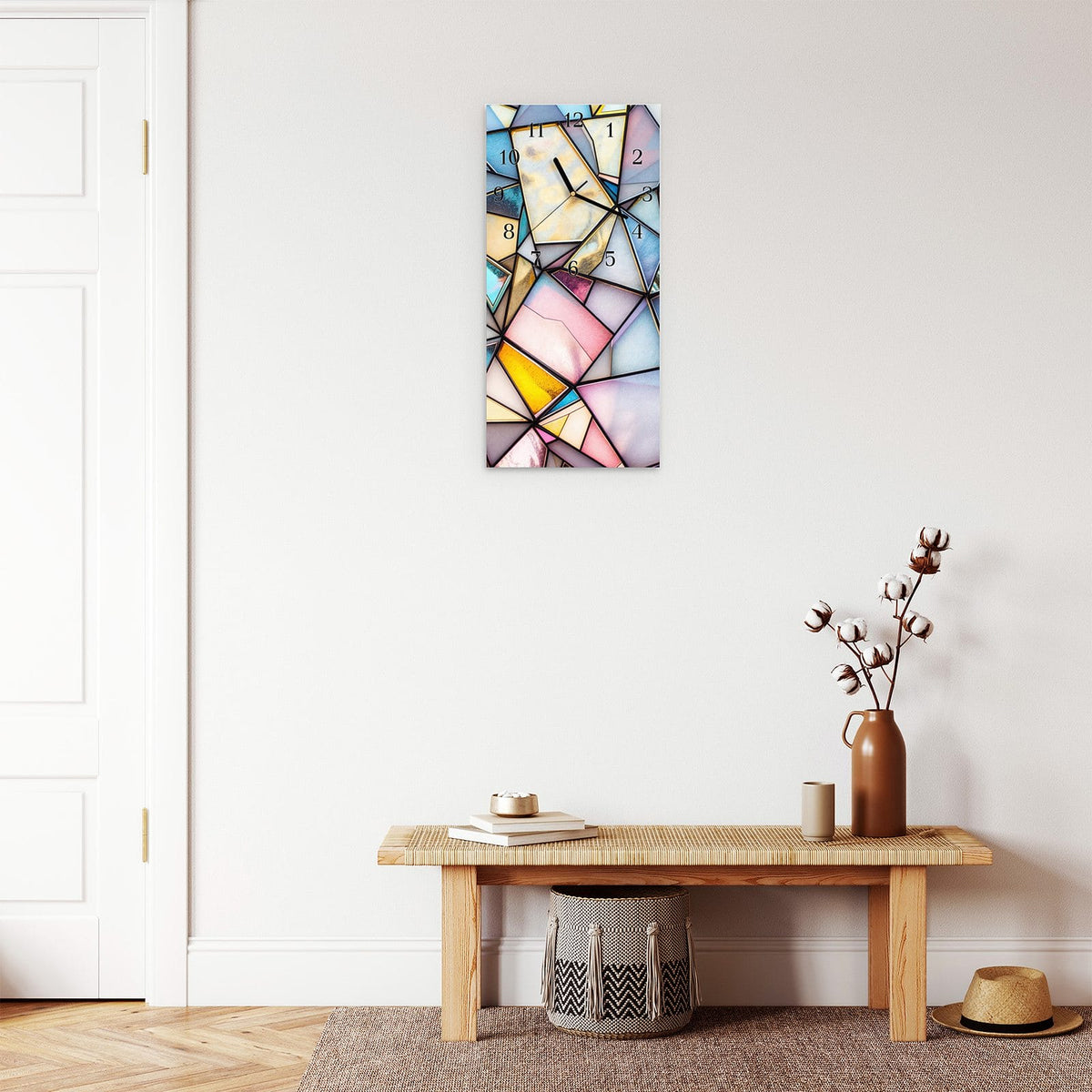 Moderne Wanduhr aus Glas mit Farbtiefe – Wanduhr Buntes Glasmosaik aus Glas – Hochformat 30 × 60 cm