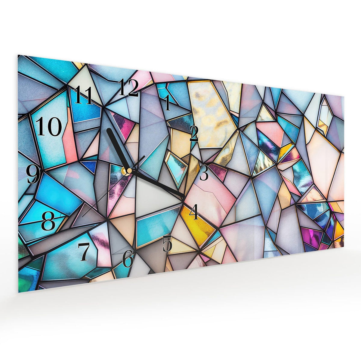 Vormontiert – mit Schwebeeffekt – Wanduhr Buntes Glasmosaik aus Glas – Querformat 60 × 30 cm