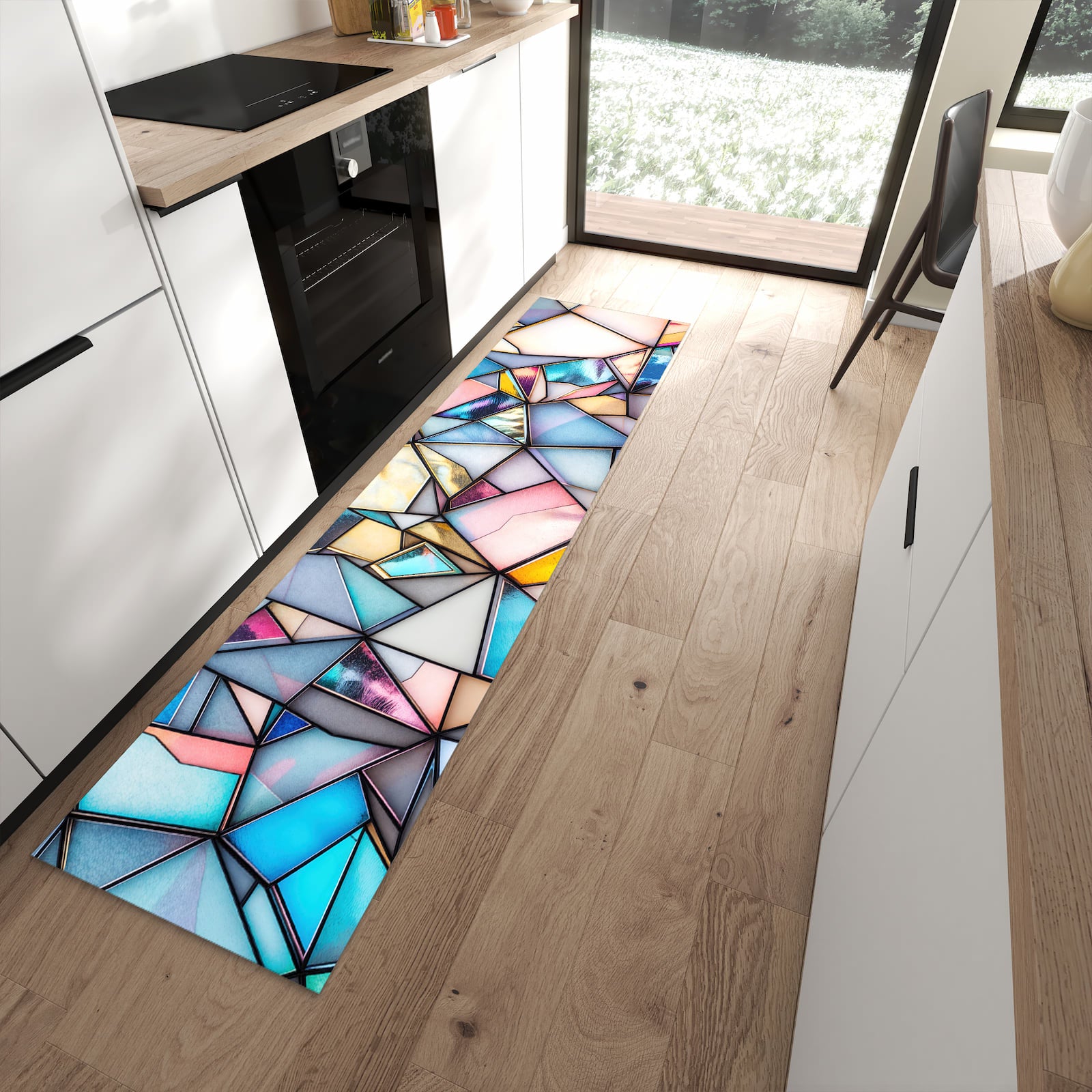 Hygienischer Küchenläufer mit Motiv Buntes Glasmosaik in moderner Küche