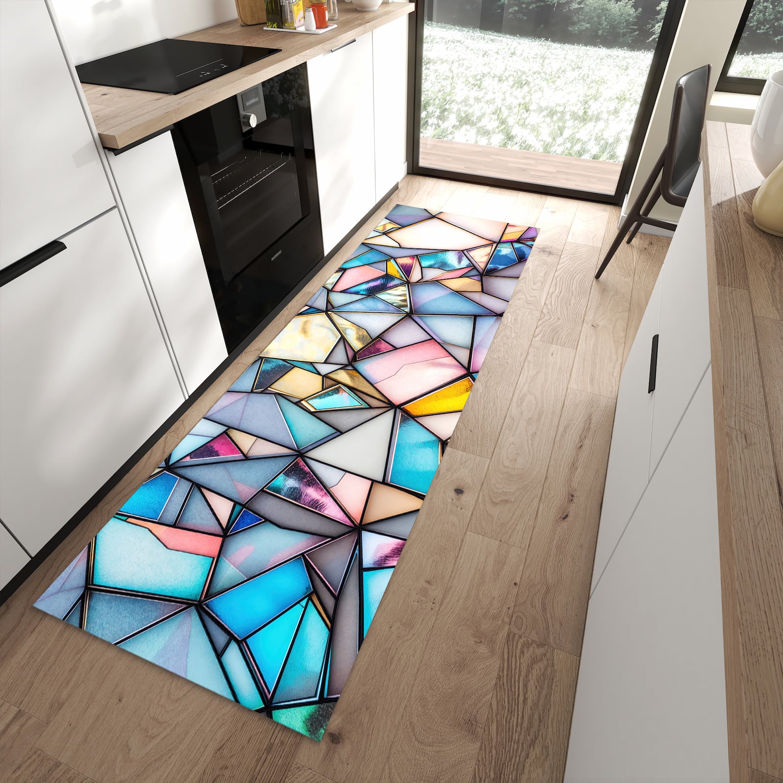 Feuchtigkeitsresistenter waschbarer Küchenläufer mit Motiv Buntes Glasmosaik in moderner Küche