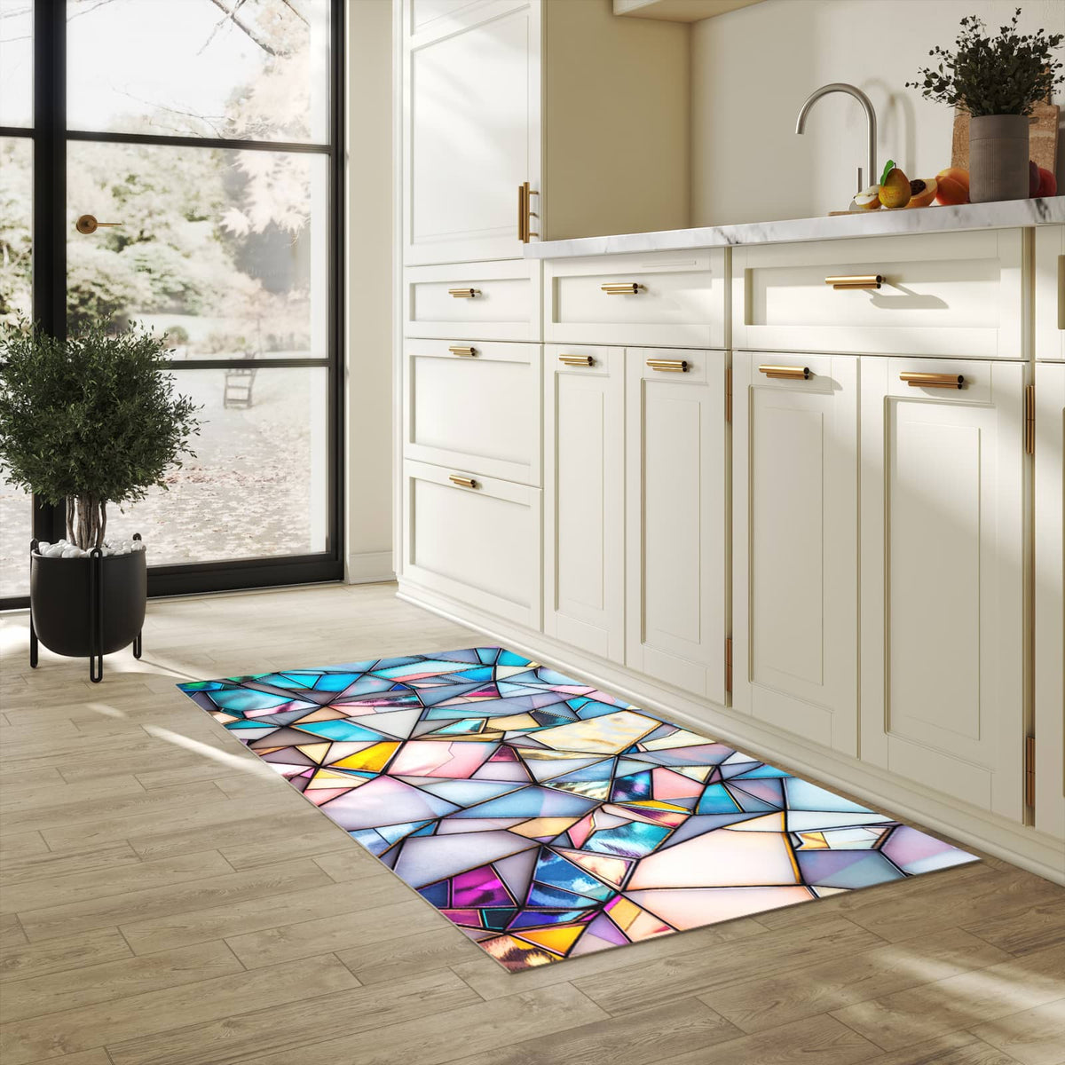 Hygienischer Teppich fürs Esszimmer mit Motiv Buntes Glasmosaik in heller Küche