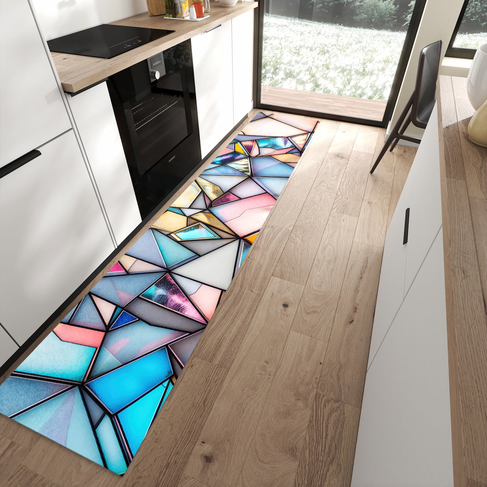 Waschbarer Küchenläufer mit Motiv Buntes Glasmosaik in moderner Küche
