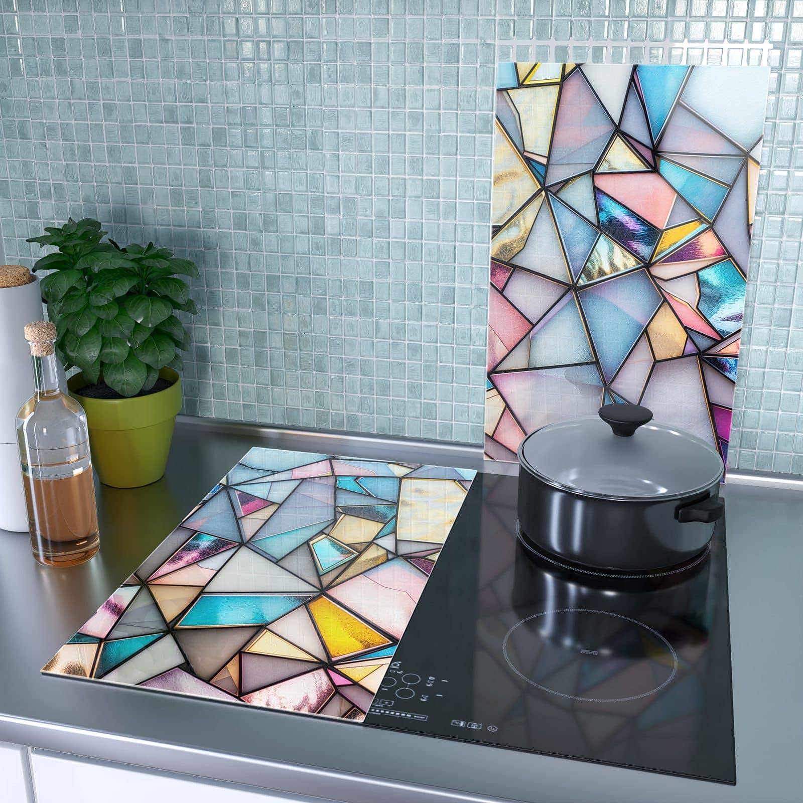 2-teilige Abdeckplatten mit Buntes Glasmosaik-Motiv als Spritzschutz hinter dem Kochfeld