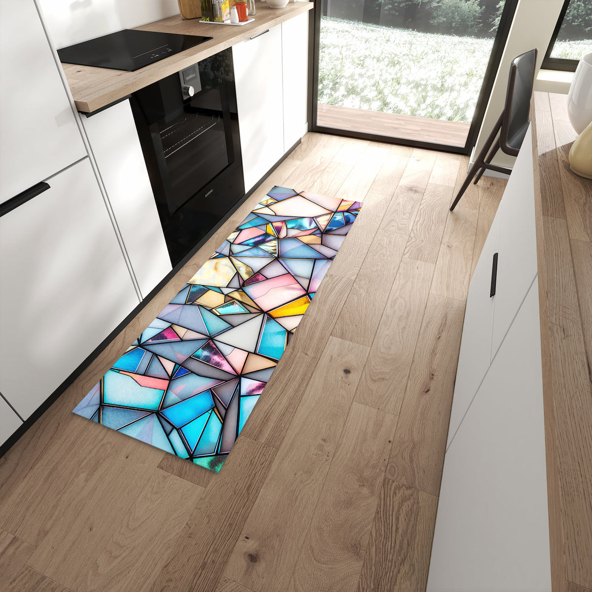 Küchenteppich mit Motiv Buntes Glasmosaik für angenehme Haptik in moderner Küche