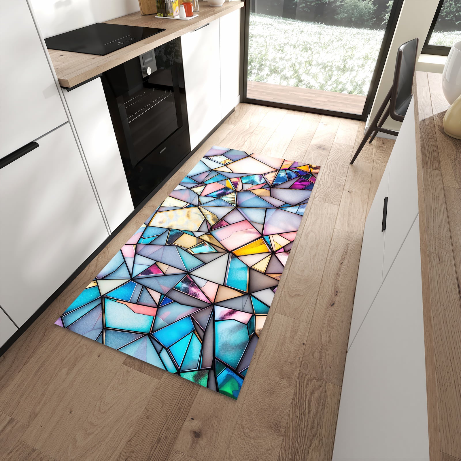 Bodenschonender Küchenläufer nach Maß mit Motiv Buntes Glasmosaik in moderner Küche