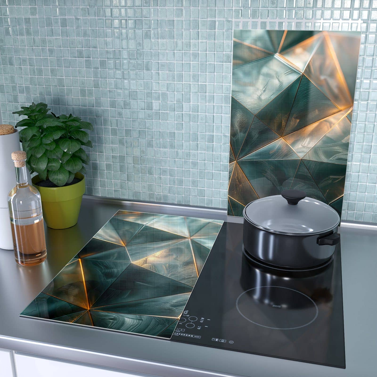 2-teilige Herdabdeckplatte mit Kunstvolle Geometrie-Motiv als Spritzschutz hinter dem Kochfeld