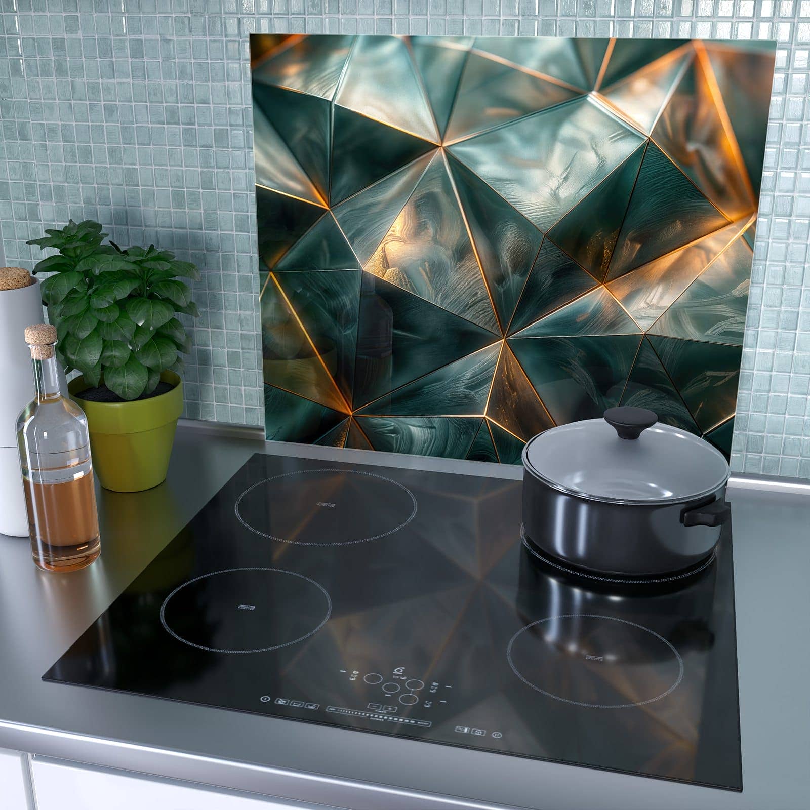 1-teilige Abdeckplatten für Herd mit Kunstvolle Geometrie-Motiv als Spritzschutz hinter dem Kochfeld
