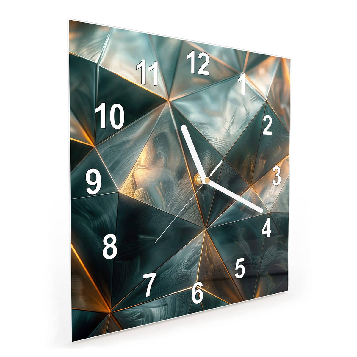 Quadratische Wanduhr aus Glas Dreiecke mit Goldkanten schräg von der Seite, 4 mm starkes Glas