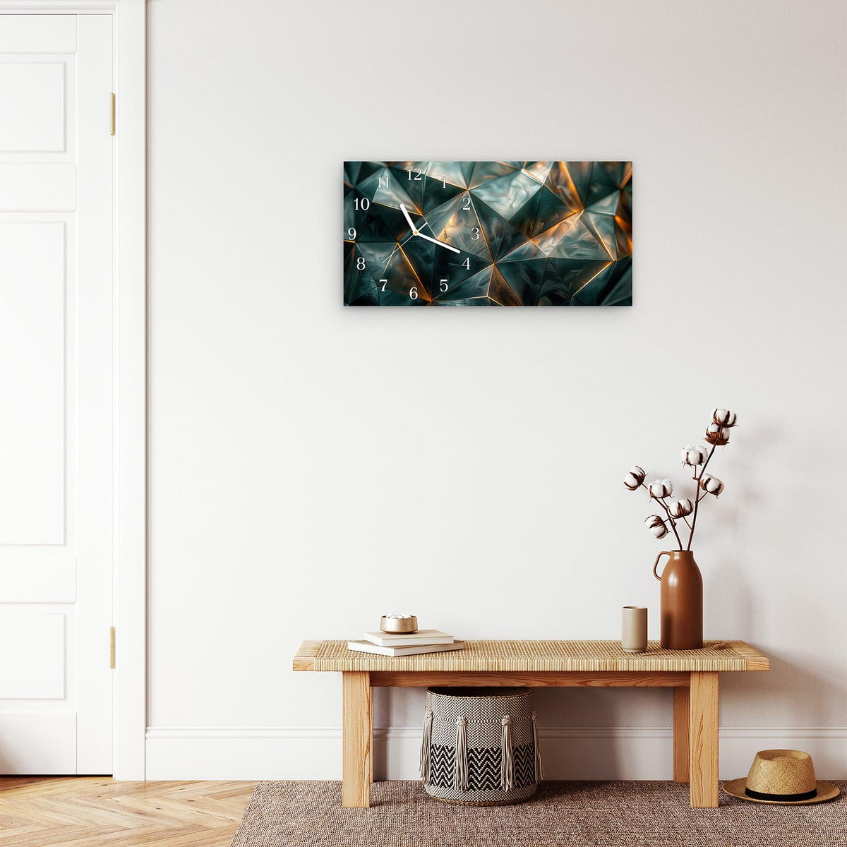 Moderne Wanduhr aus Glas mit Farbtiefe – Wanduhr Kunstvolle Geometrie aus Glas – Querformat 60 × 30 cm