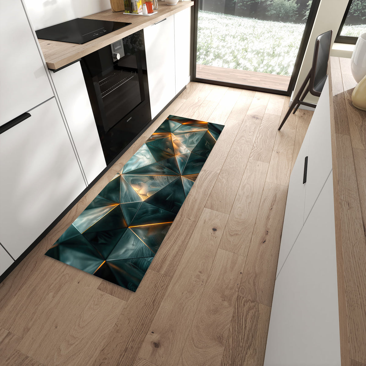 Abriebfester rutschfester Küchenteppich mit Motiv Kunstvolle Geometrie in moderner Küche