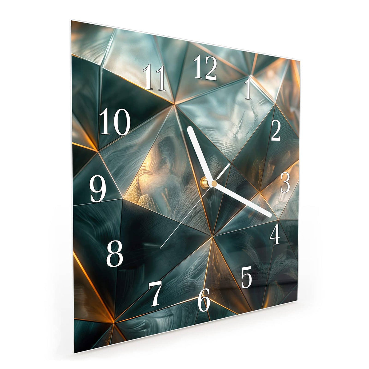 Quadratische Wanduhr aus Glas Dreiecke mit Goldkanten schräg von der Seite, 4 mm starkes Glas