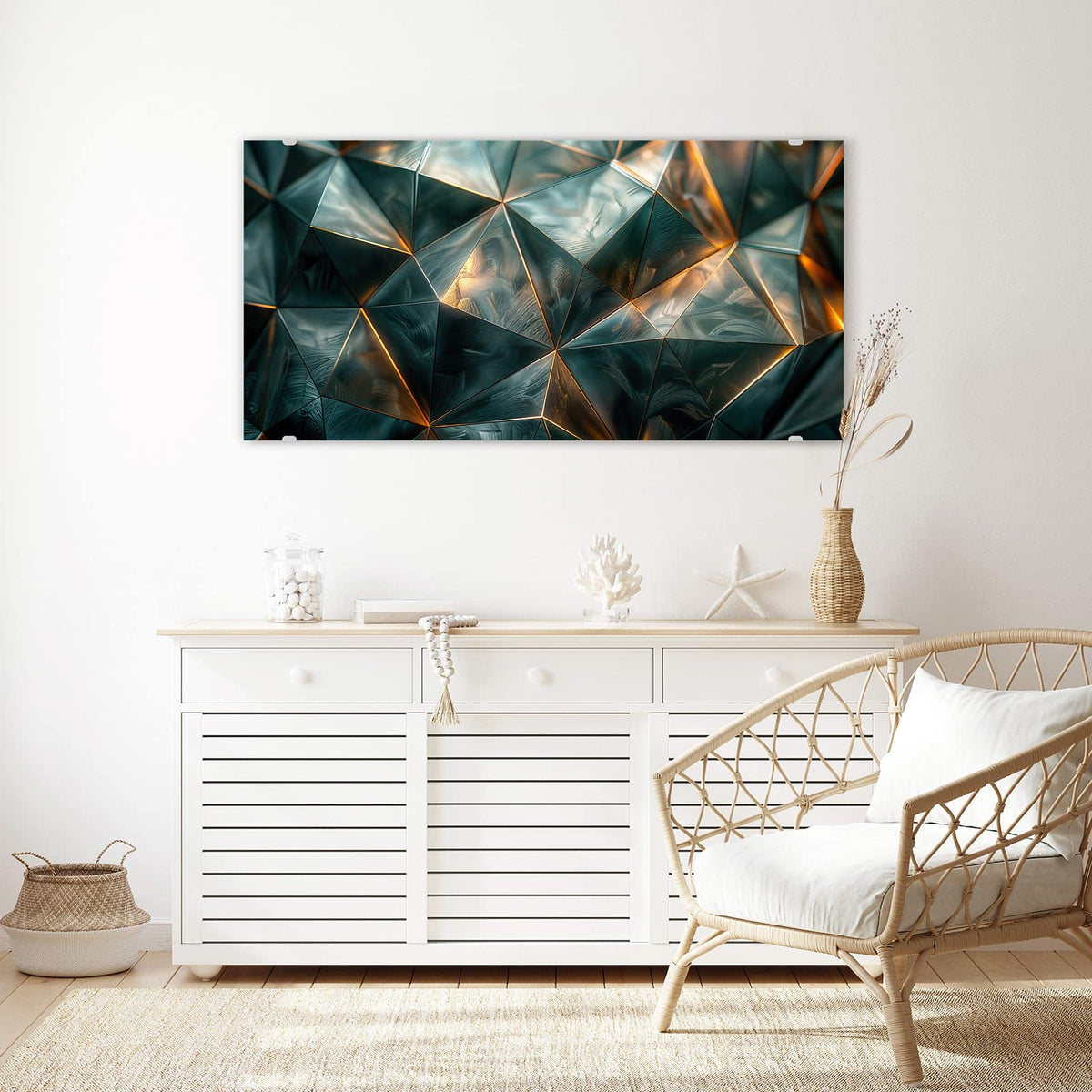 Echtglas, 4 mm – kein Acryl, keine Folie – Wandbild - Dreiecke mit Goldkanten - Querformat
