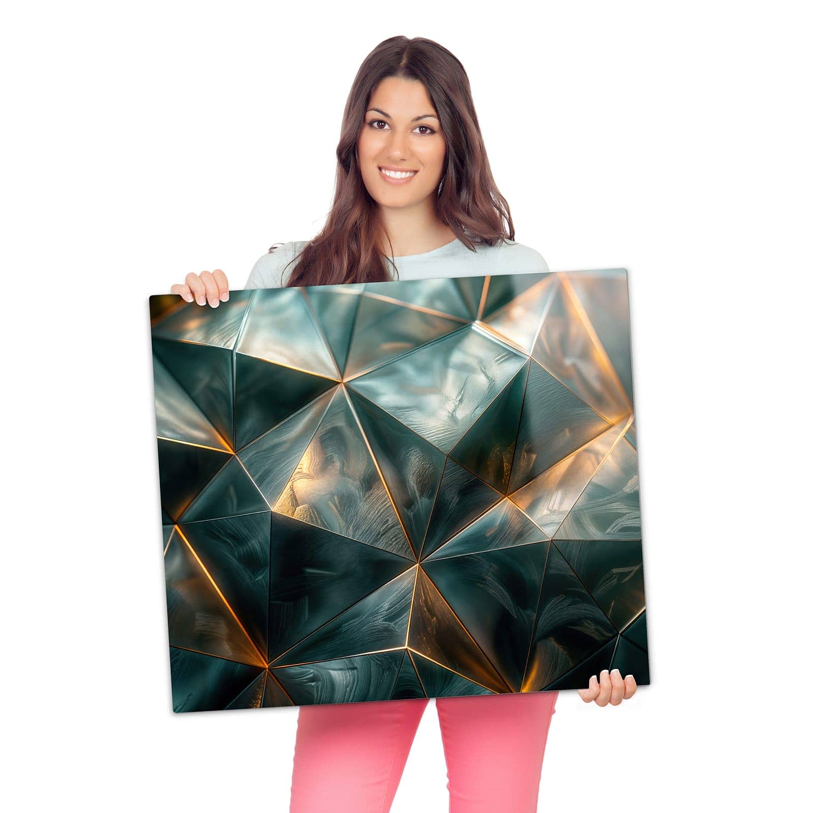 Herdabdeckplatte für Ceranfeld mit Kunstvolle Geometrie-Motiv wird zur Größendarstellung gehalten