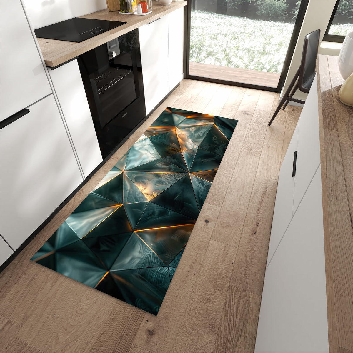Schmutzabweisender Küchenteppich mit Motiv Kunstvolle Geometrie in moderner Küche