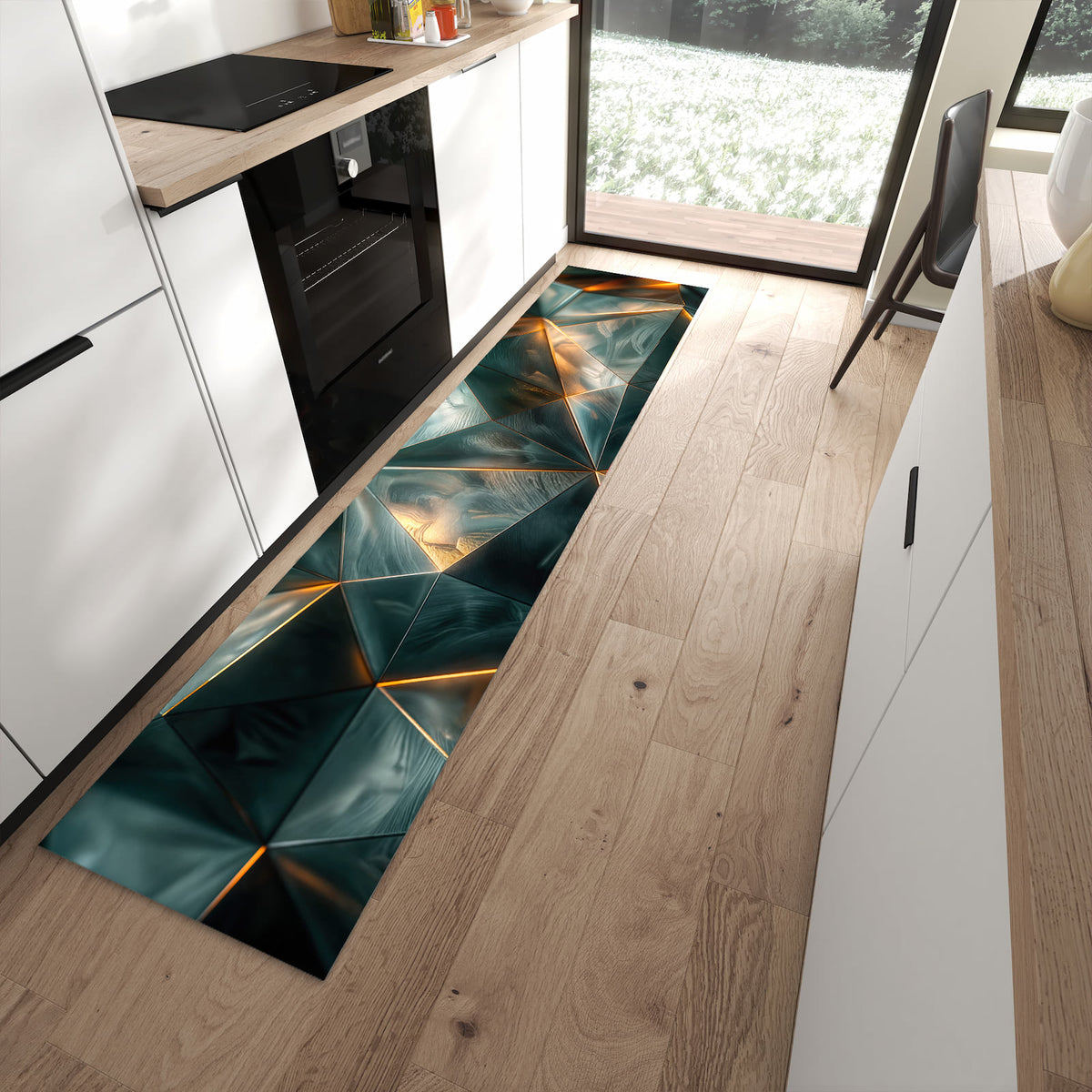 Komfortabler Bodenläufer-Teppich mit Motiv Kunstvolle Geometrie in moderner Küche