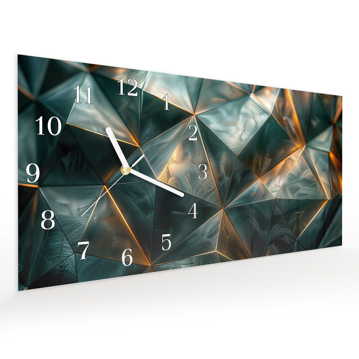 Vormontiert – mit Schwebeeffekt – Wanduhr Kunstvolle Geometrie aus Glas – Querformat 60 × 30 cm