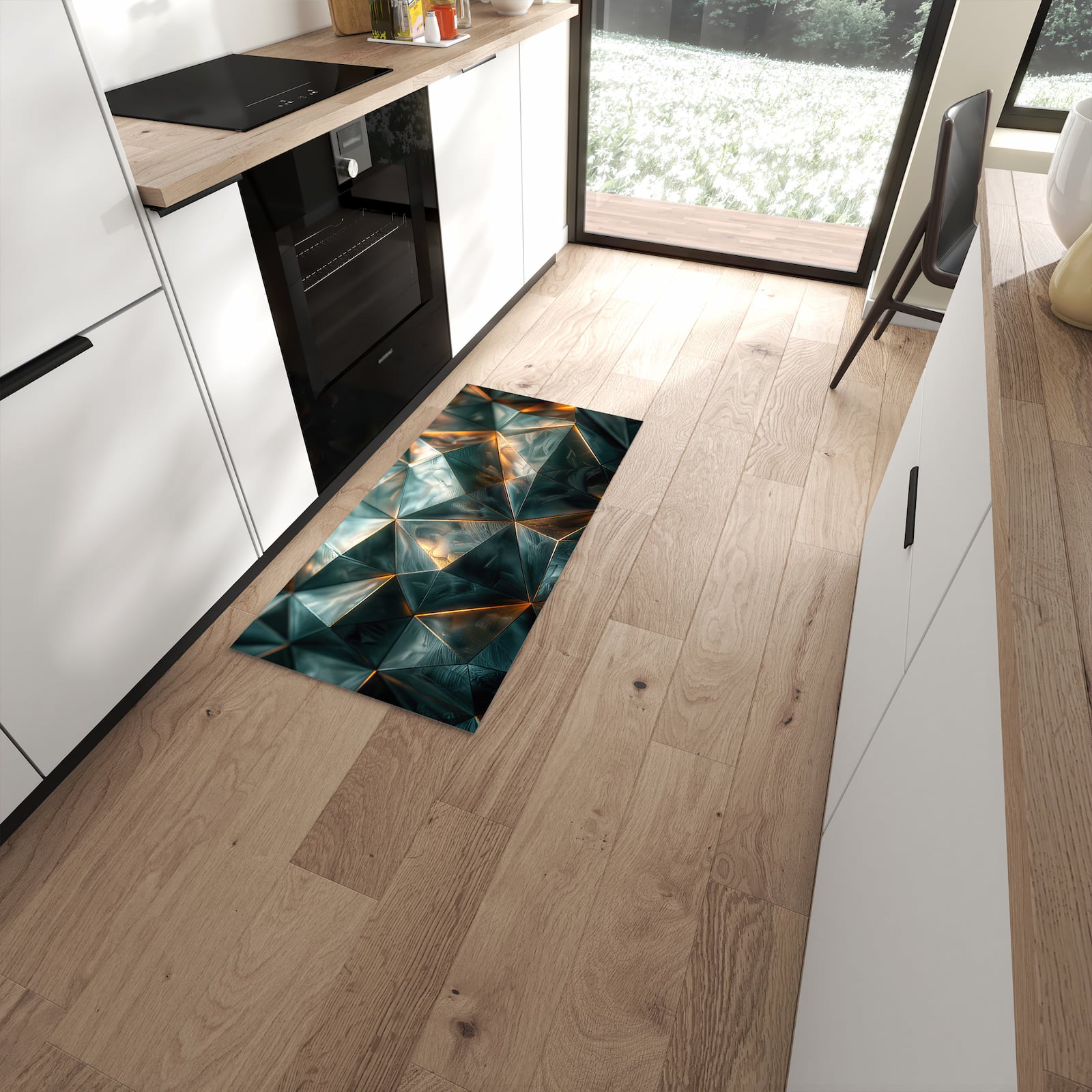 Waschbarer Teppich fürs Esszimmer mit Motiv Kunstvolle Geometrie in moderner Küche #grösse_60 x 120 cm