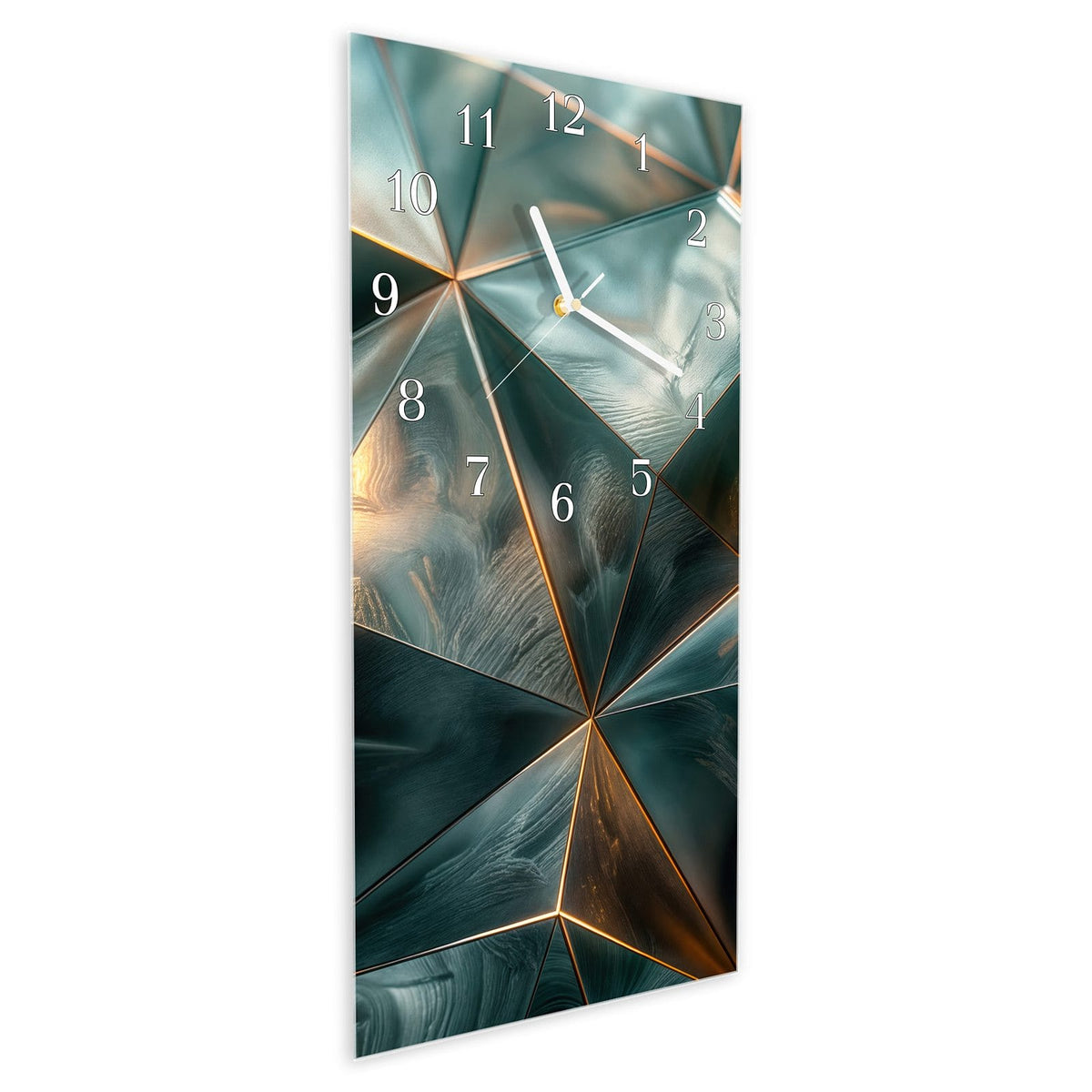 Vormontiert – mit Schwebeeffekt – Wanduhr Kunstvolle Geometrie aus Glas – Hochformat 30 × 60 cm