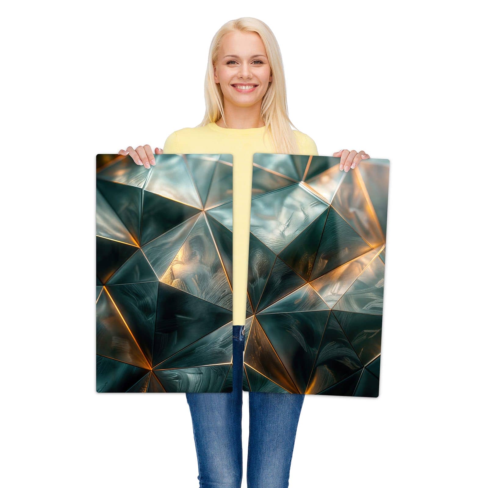 2-teilige Abdeckplatten für Ceranfeld mit Kunstvolle Geometrie-Motiv wird zur Größendarstellung gehalten
