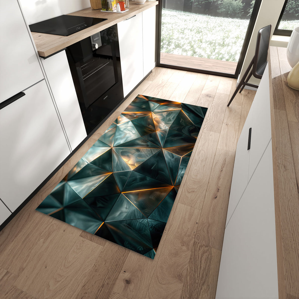 Pflegeleichter waschbarer Küchenteppich mit Motiv Kunstvolle Geometrie in moderner Küche