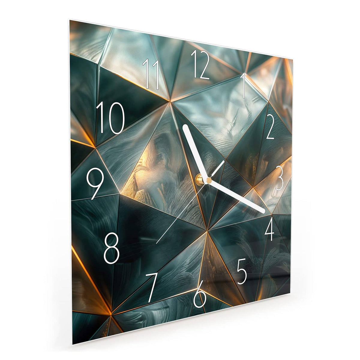 Quadratische Wanduhr aus Glas Dreiecke mit Goldkanten schräg von der Seite, 4 mm starkes Glas