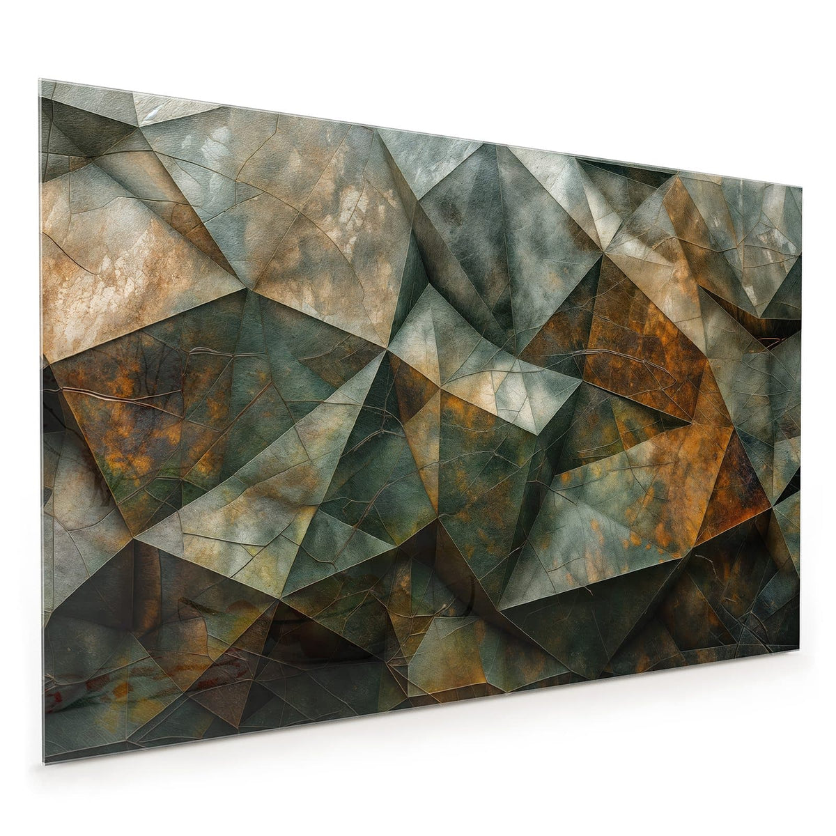 Küchenrückwand aus Glas im Hochformat: Facettierte Steinflächen in Grüngrau und Rostbraun
