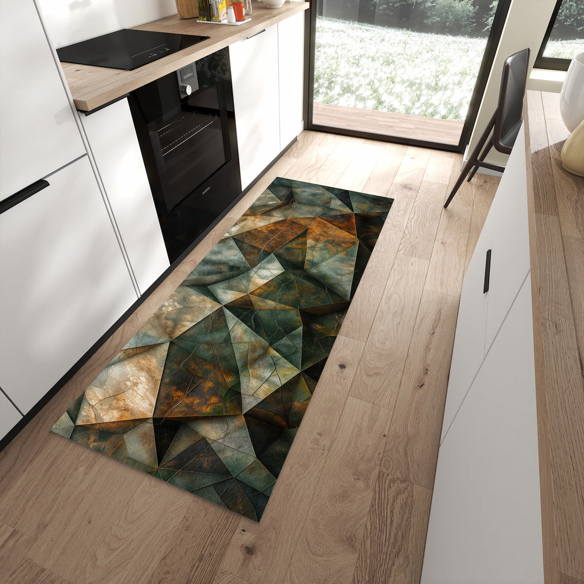 Bodenschonender langer Teppich mit Motiv Geometrische Abstraktion in moderner Küche