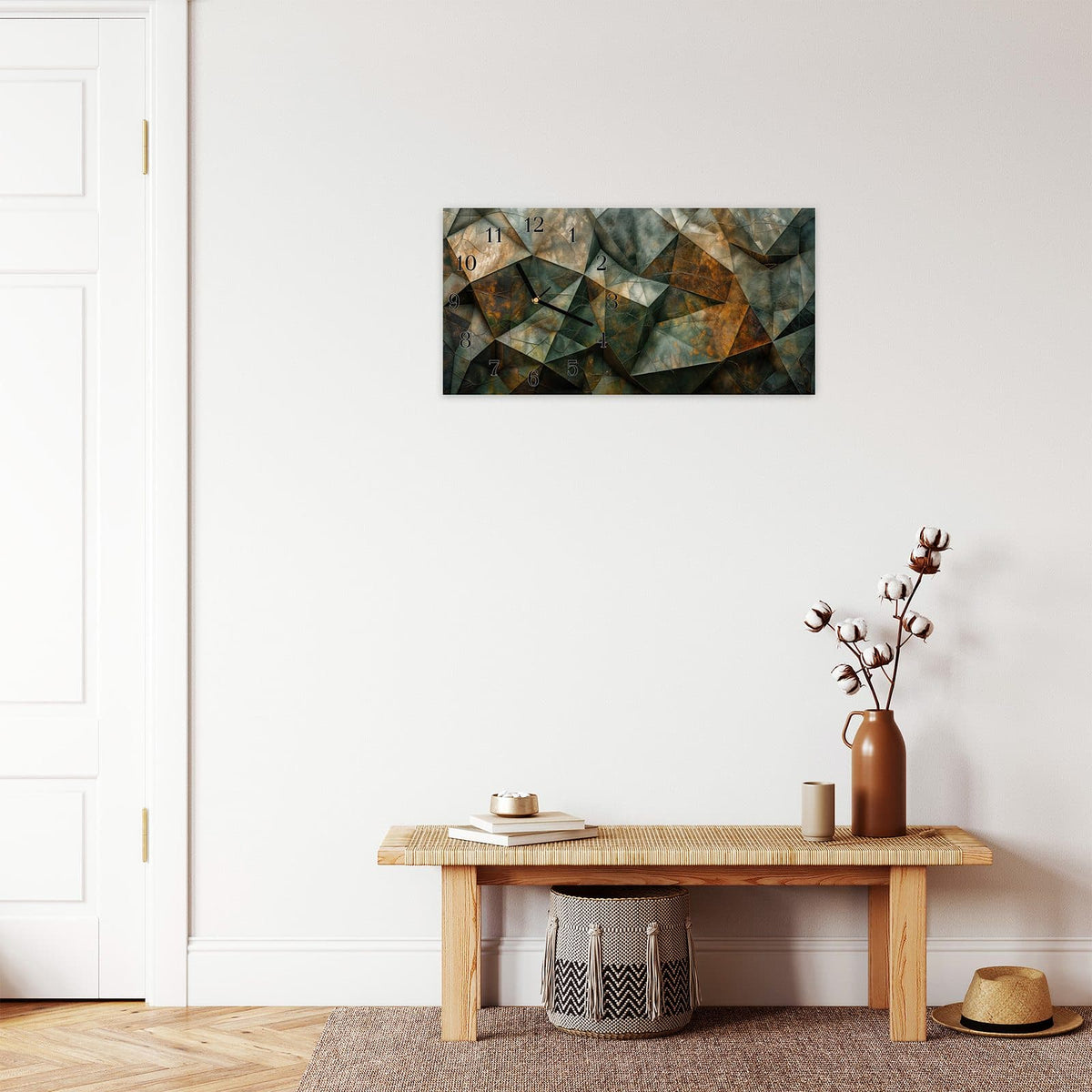 Moderne Wanduhr aus Glas mit Farbtiefe – Wanduhr Geometrische Abstraktion aus Glas – Querformat 60 × 30 cm