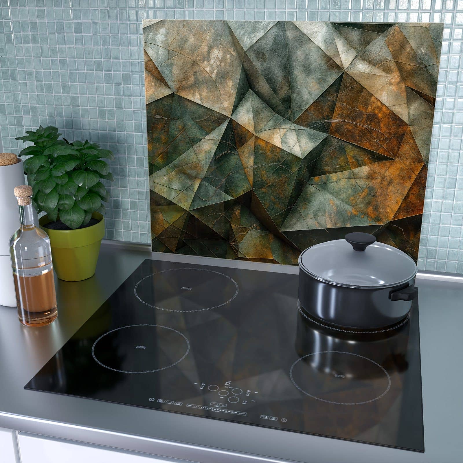 1-teilige Herdabdeckplatte mit Geometrische Abstraktion-Motiv als Spritzschutz hinter dem Kochfeld