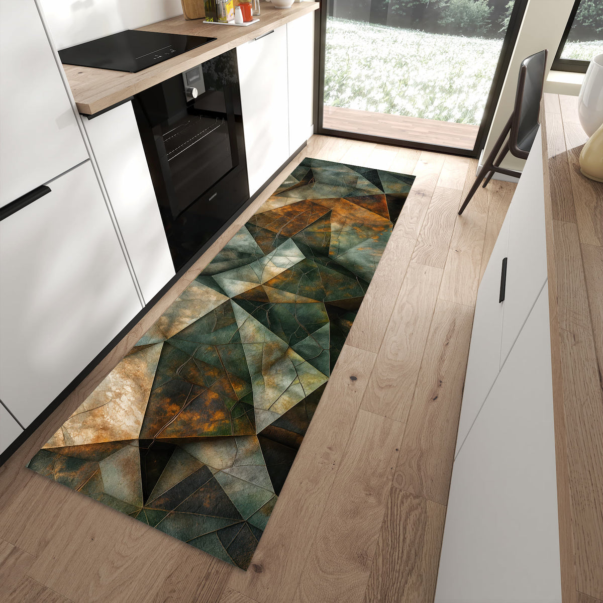 Küchenläufer mit Motiv Geometrische Abstraktion für Ordnung im Eingangsbereich moderner Küche