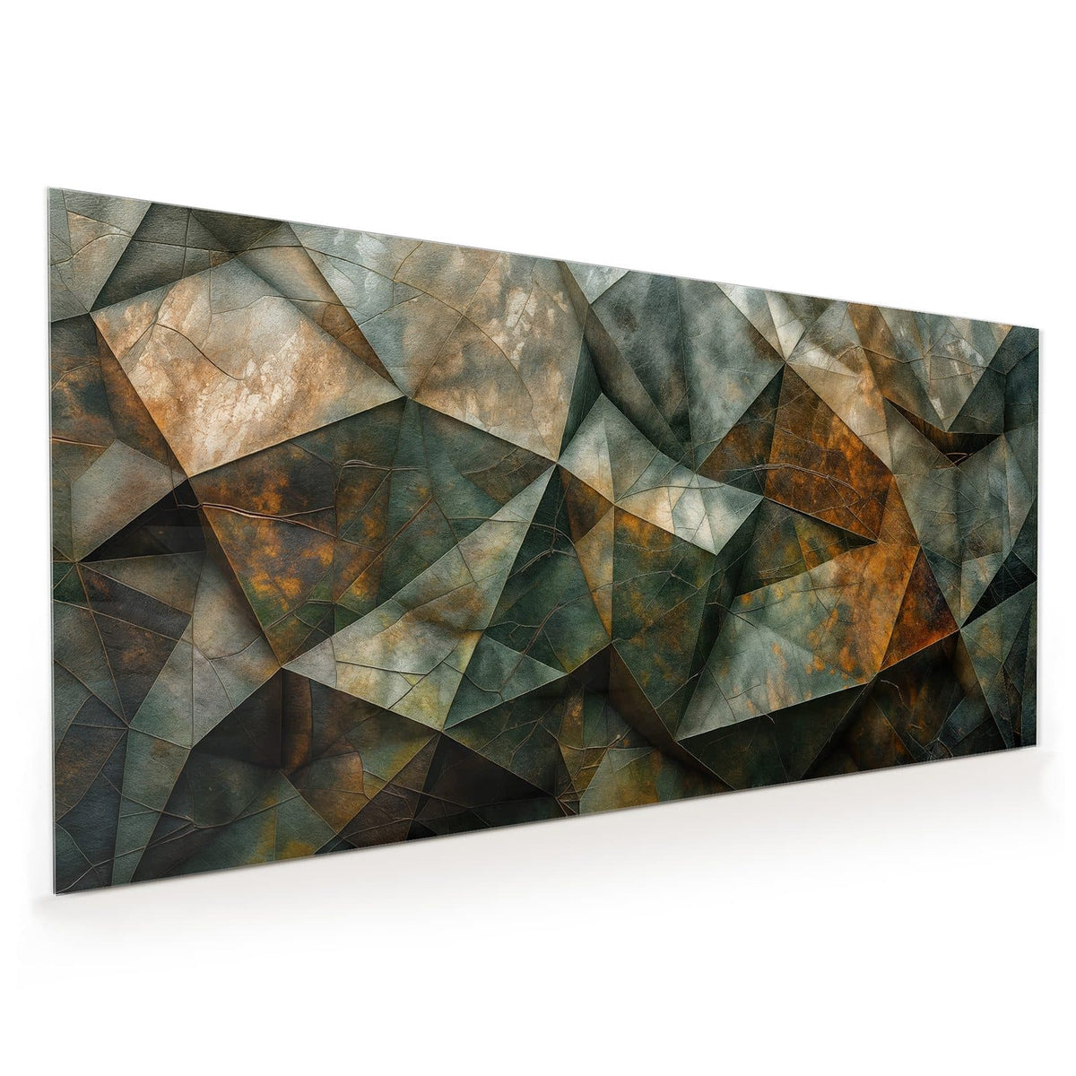 Küchenrückwand aus Glas im Hochformat: Facettierte Steinflächen in Grüngrau und Rostbraun