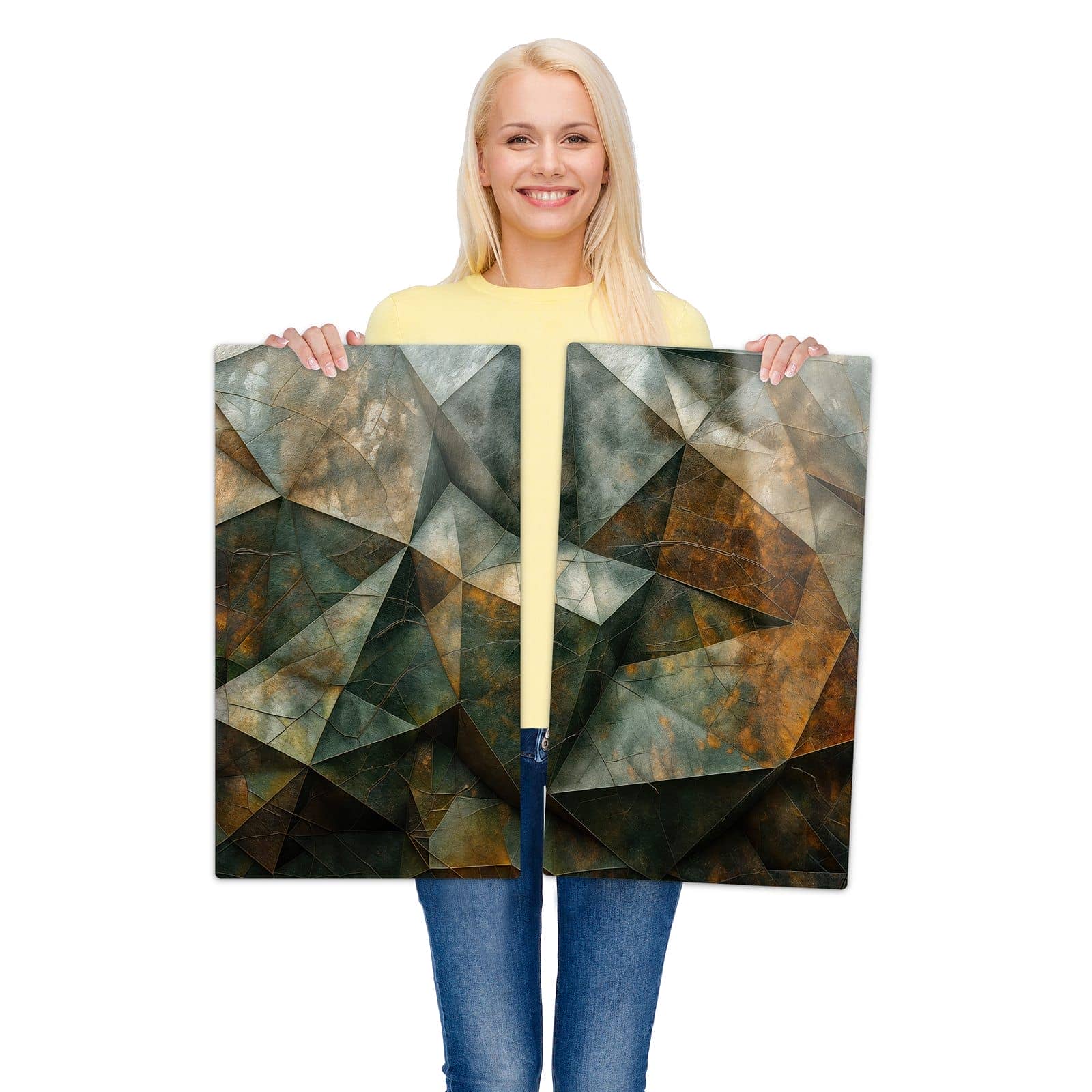 2-teilige Ceranfeld Abdeckplatten mit Geometrische Abstraktion-Motiv wird zur Größendarstellung gehalten