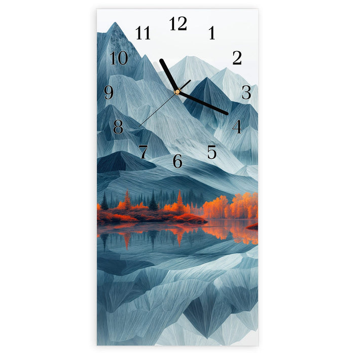 Wanduhr Berge Mit Spiegelung aus Glas – Hochformat 30 × 60 cm mit Ziffernblatt Klassisch