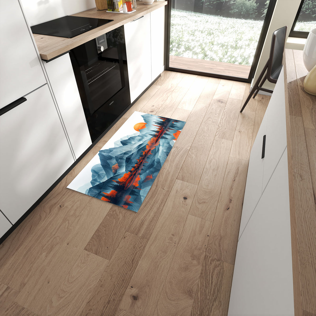 Abriebfester Küchenteppich mit Motiv Berge Mit Spiegelung in moderner Küche #grösse_60 x 120 cm