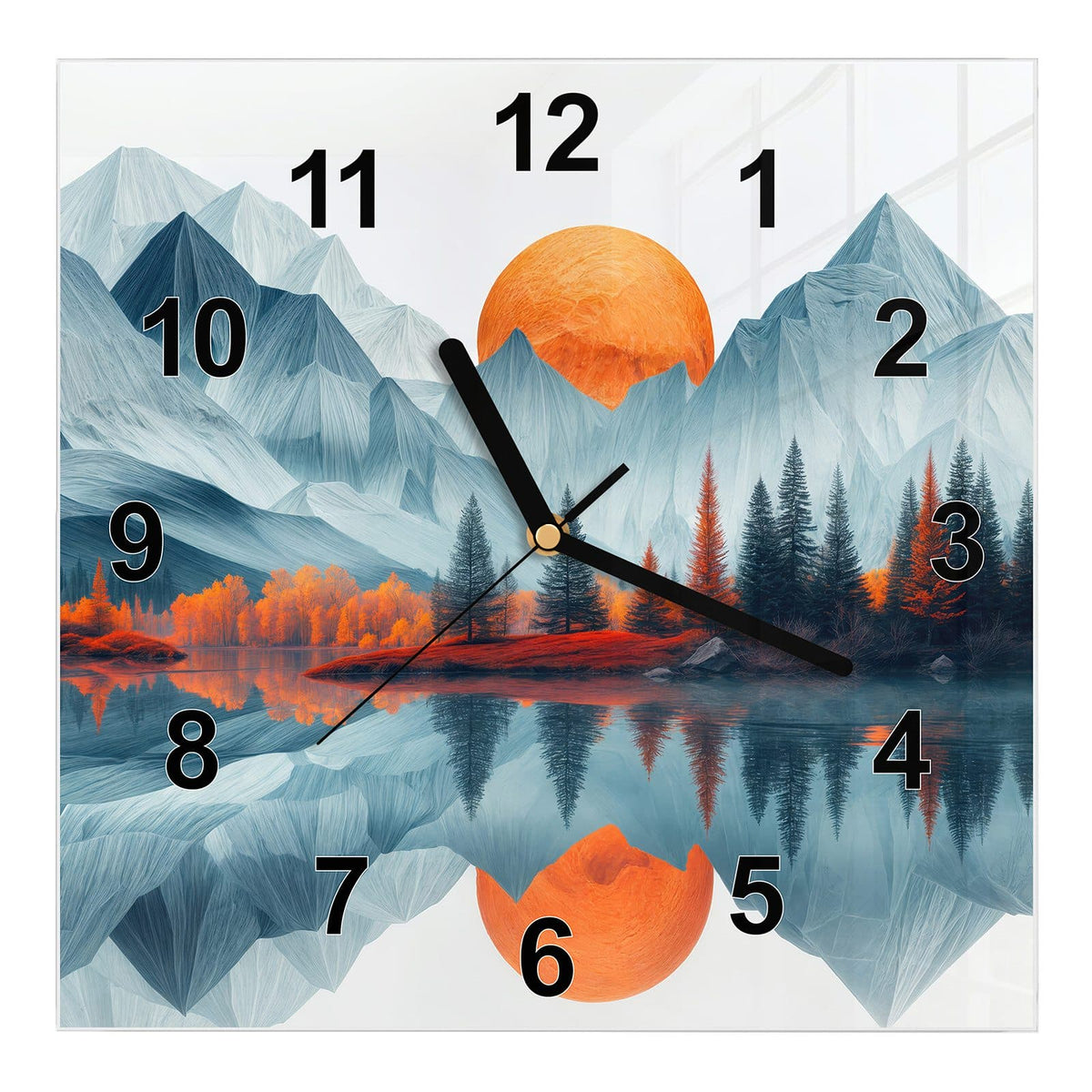 Wanduhr aus Glas, Ziffernblatt Modern mit Motiv Berge mit Spiegelung: Stilisierte blaue Berge, orange Sonne und Herbstbäume, im See gespiegelt #ziffernblatt_Modern