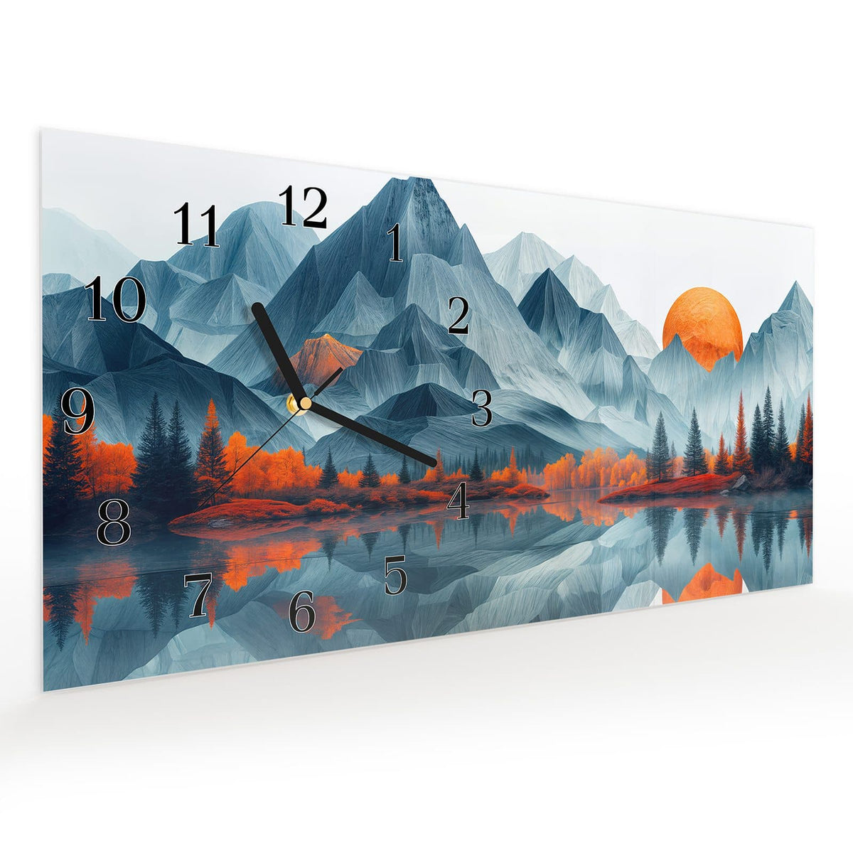 Vormontiert – mit Schwebeeffekt – Wanduhr Berge Mit Spiegelung aus Glas – Querformat 60 × 30 cm