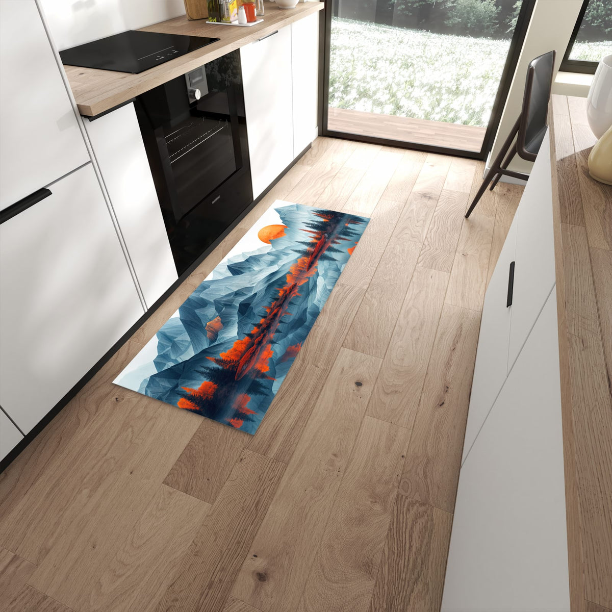 UV-beständiger Küchenteppich mit Motiv Berge Mit Spiegelung in moderner Küche #grösse_60 x 150 cm