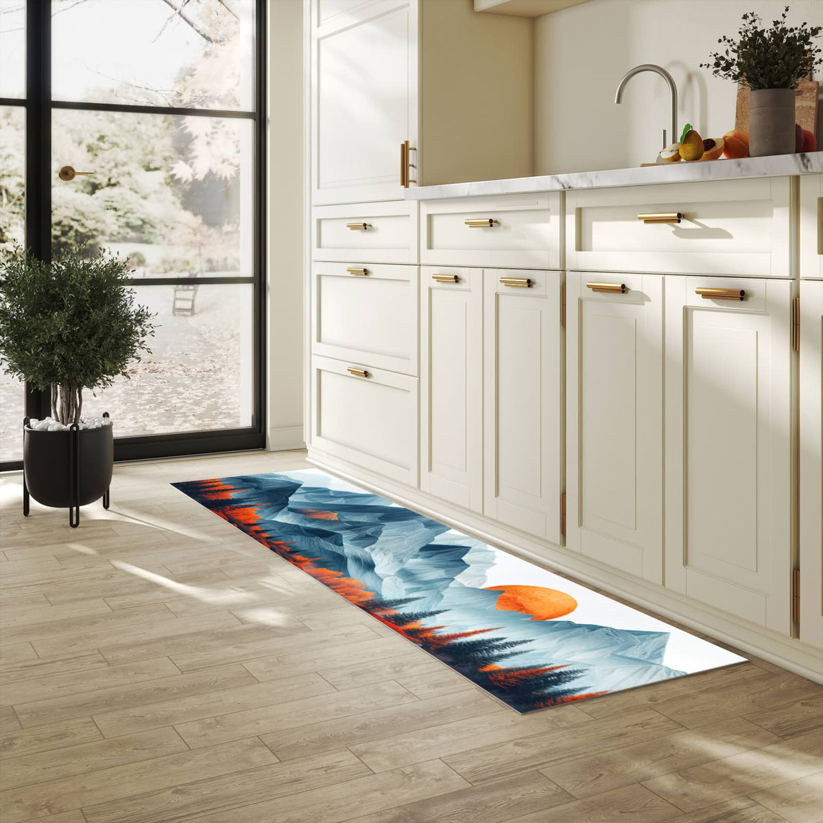 Farbbeständiger Küchenteppich mit Motiv Berge Mit Spiegelung in heller Küche