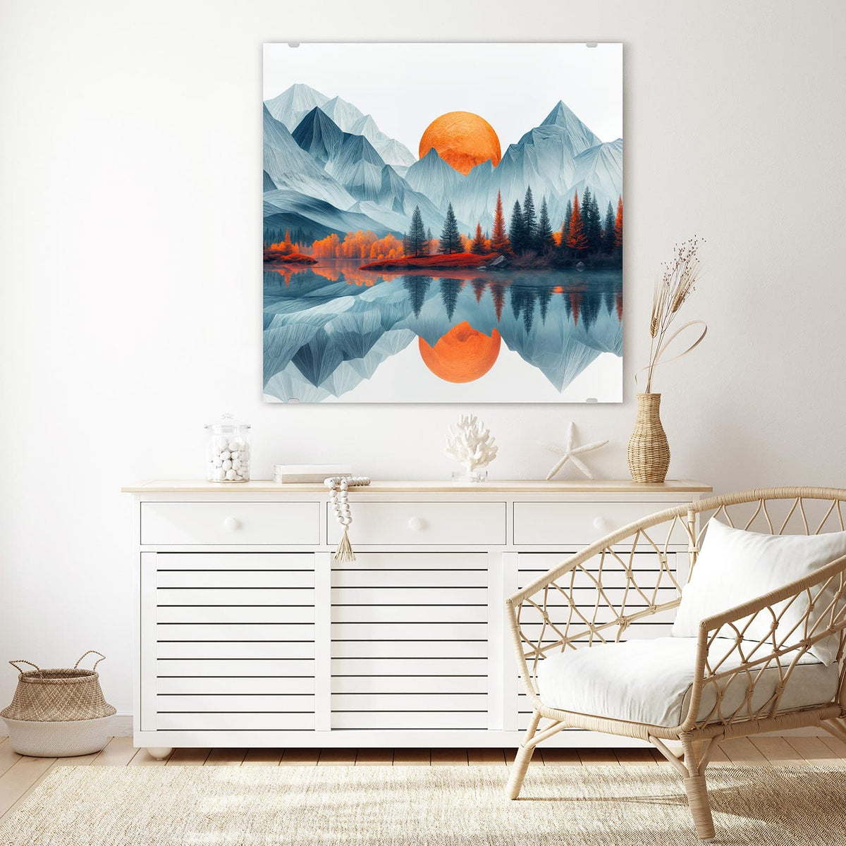 Glasbild Berge mit Spiegelung an der Wand – Stilisierte blaue Berge, orange Sonne und Herbstbäume, im See gespiegelt