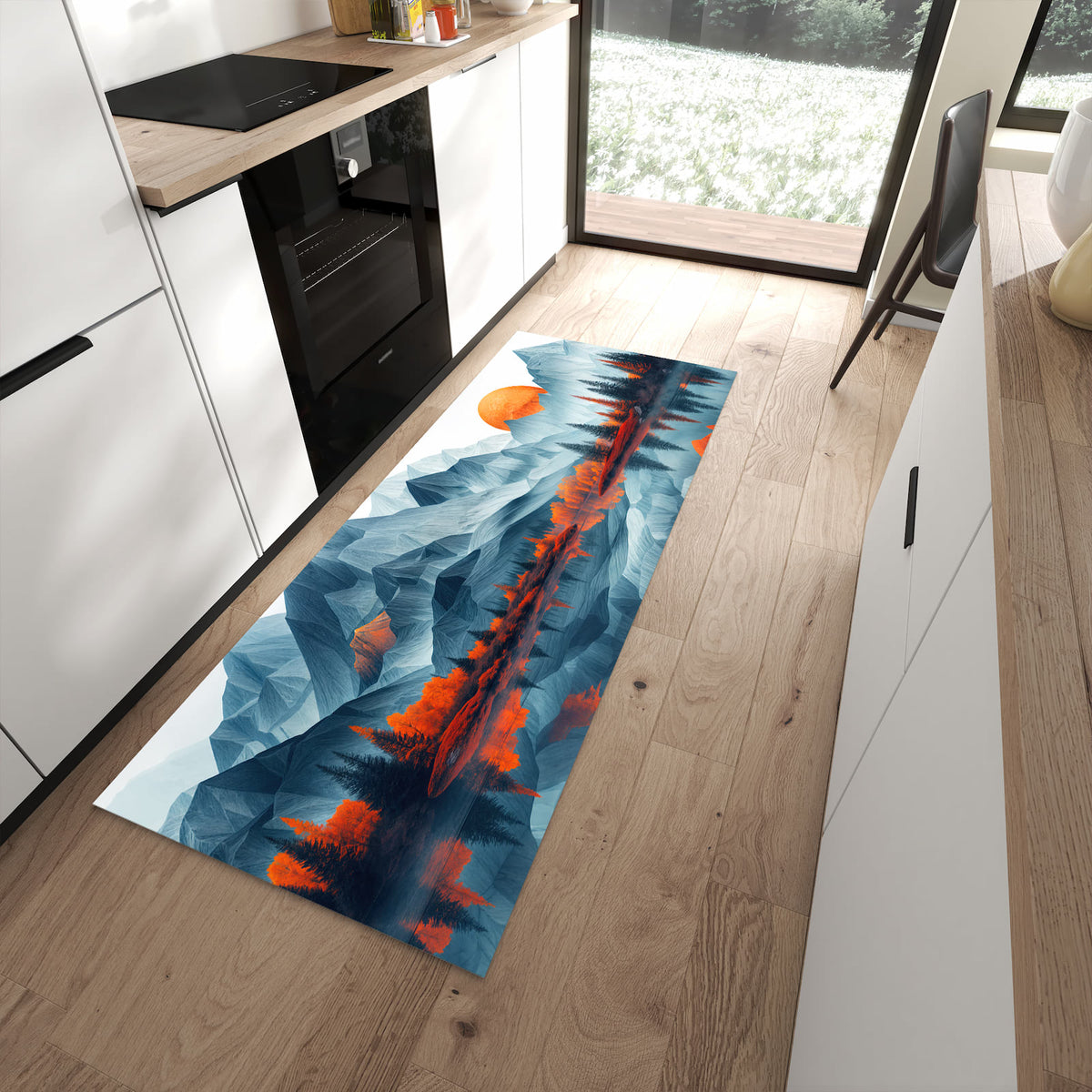 Langlebiger Küchenteppich mit Motiv Berge Mit Spiegelung in moderner Küche