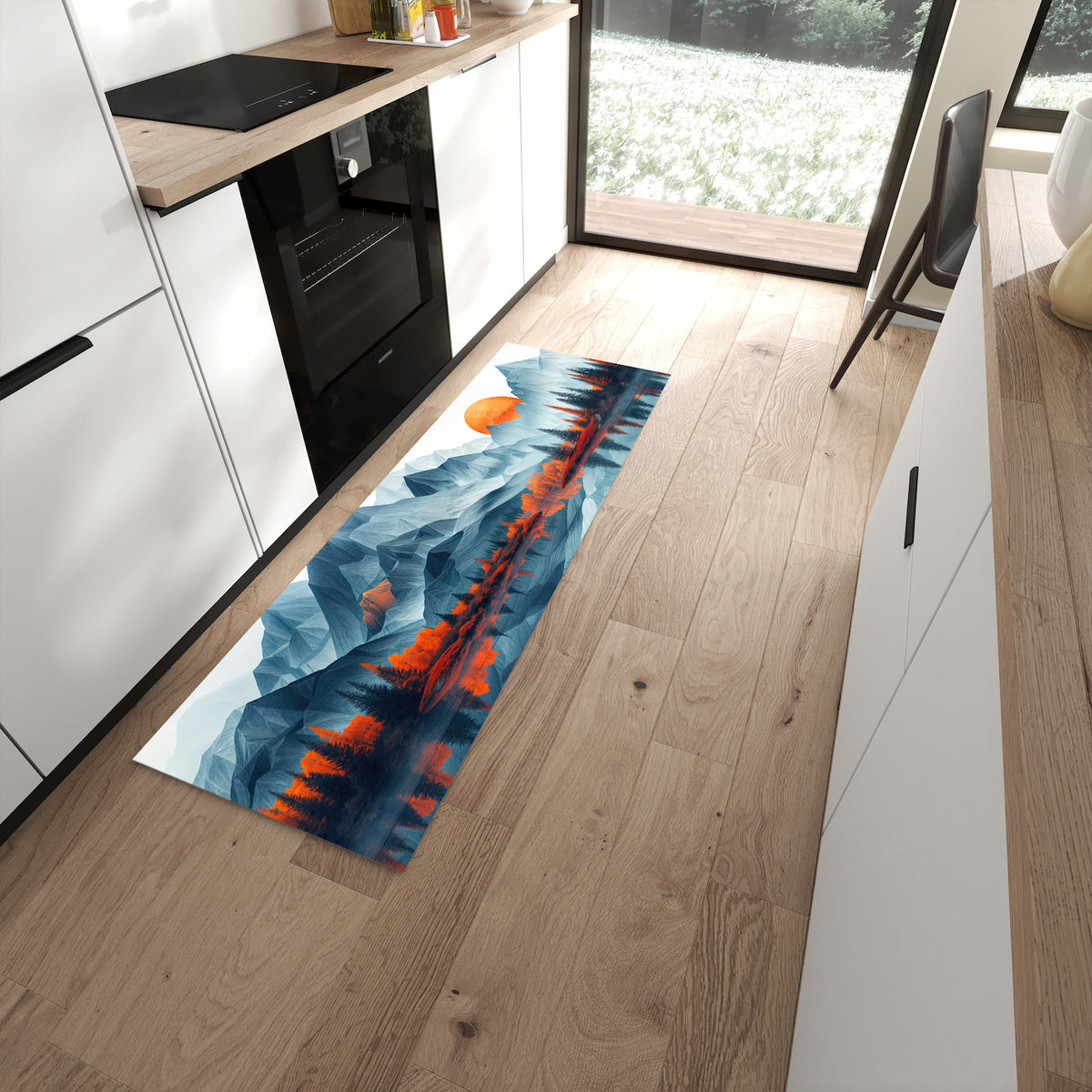 Komfortabler Küchenteppich mit Motiv Berge Mit Spiegelung in moderner Küche
